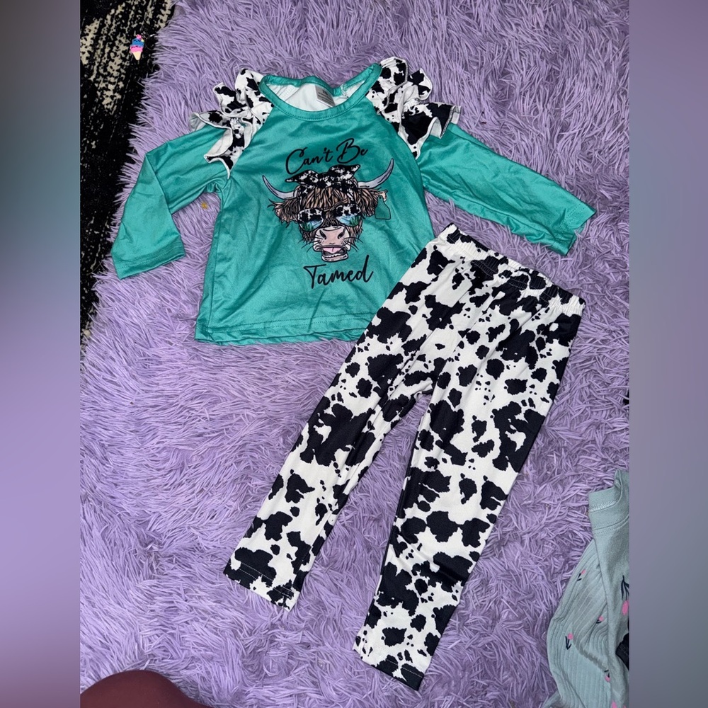 Teal Long Sleeve Top and Cow Print Pants Set